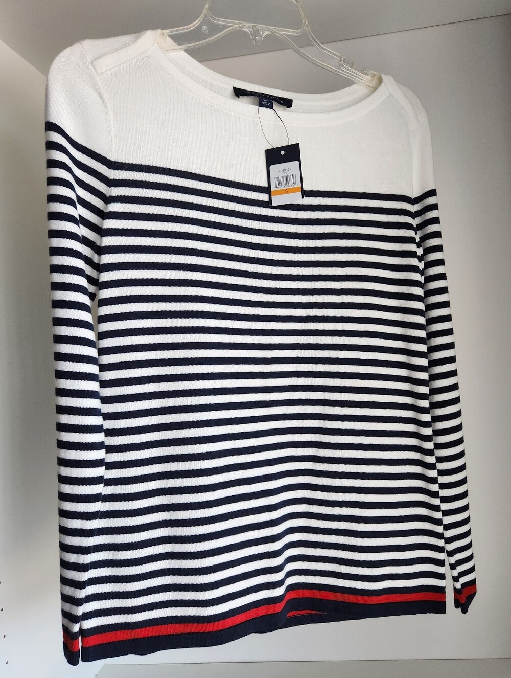 Tommy Hilfiger Men’s White & Navy Striped Crewneck Sweater with Red Hem